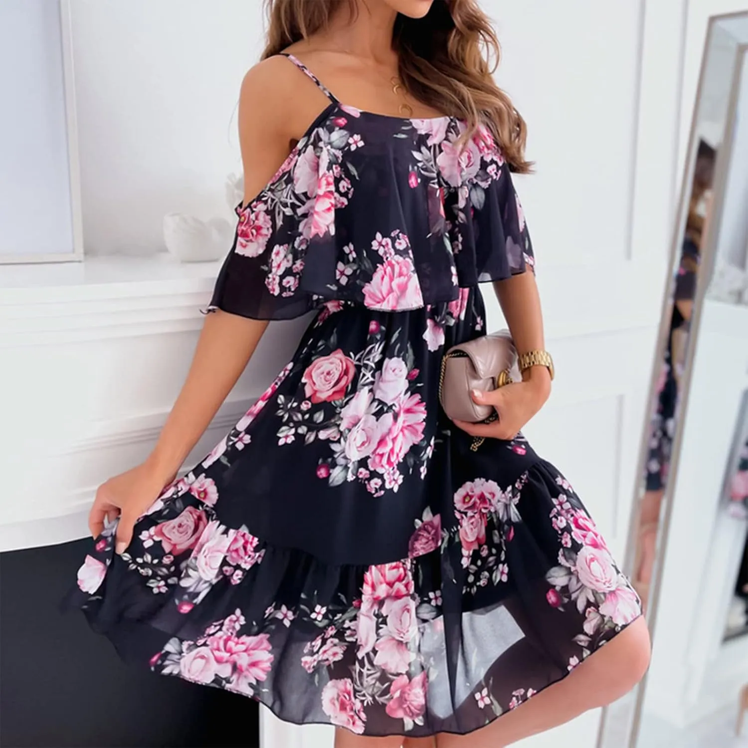 Women's Spring Dresses Casual Long Sleeve V Neck Ruffle Bohemian Floral Print High Waist Flowy Mini Dress with Belt