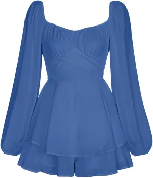 Womens Square Neck Dress Long Lantern Sleeve Tie Backless Ruffle Elastic Waist Above Knee Length Midi Dresses