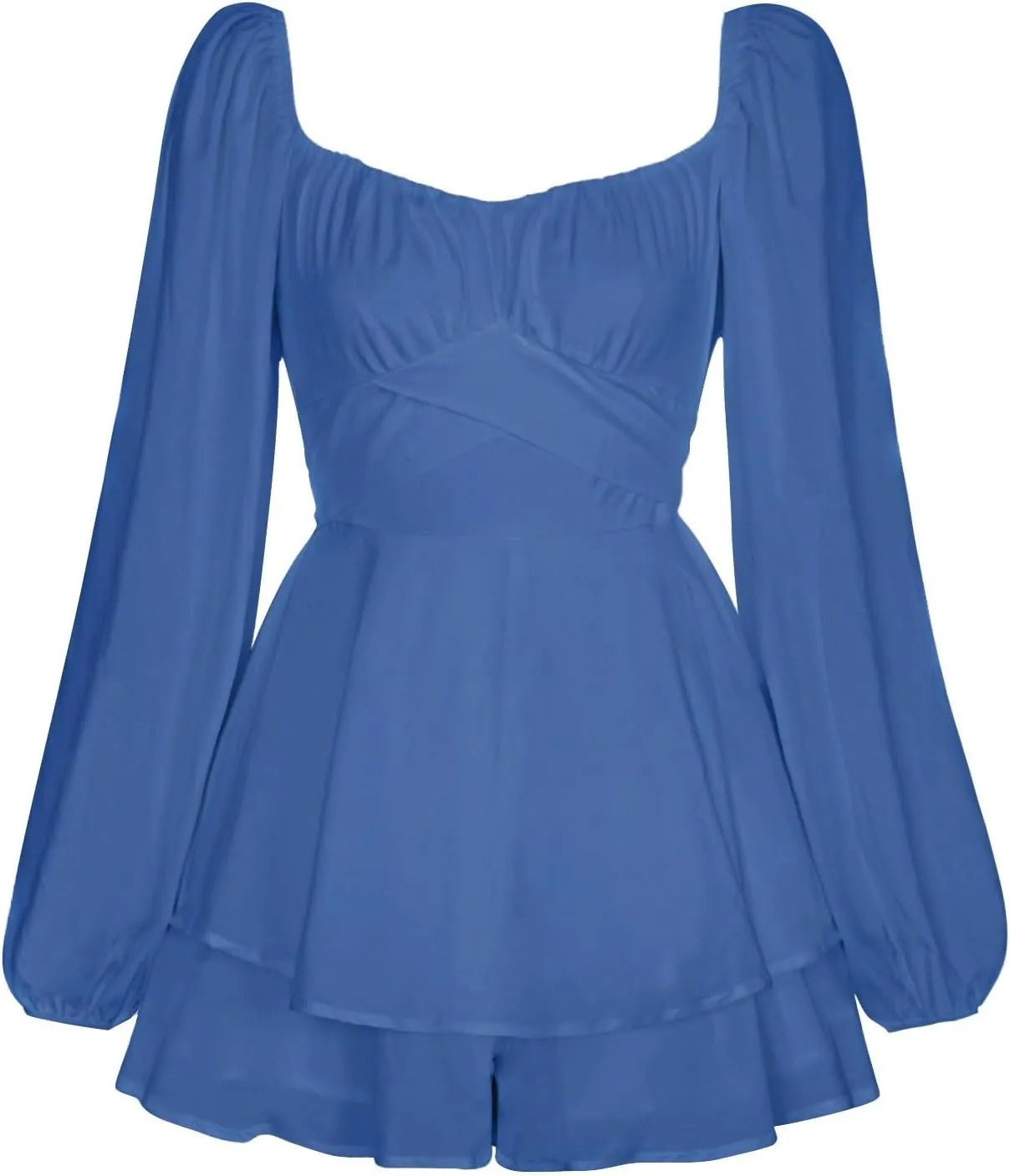 Womens Square Neck Dress Long Lantern Sleeve Tie Backless Ruffle Elastic Waist Above Knee Length Midi Dresses