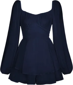 Womens Square Neck Dress Long Lantern Sleeve Tie Backless Ruffle Elastic Waist Above Knee Length Midi Dresses