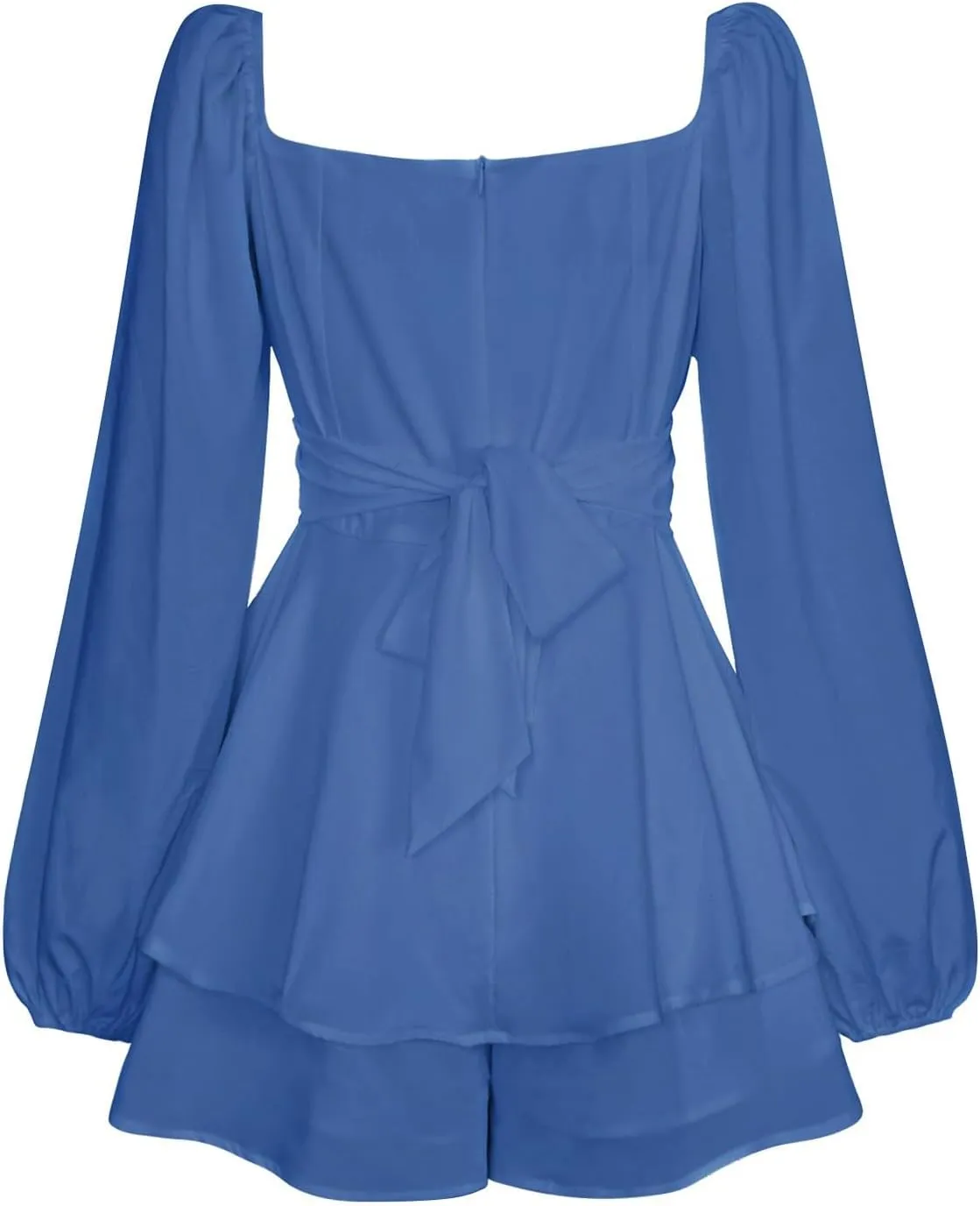 Womens Square Neck Dress Long Lantern Sleeve Tie Backless Ruffle Elastic Waist Above Knee Length Midi Dresses