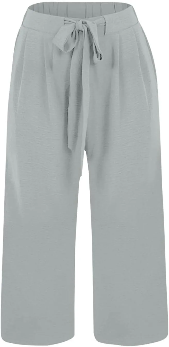 Womens Summer 3/4 Pants Flowy High Waisted Loose Casual Lounge Pant Wide Leg Palazzo Capris Adjustable Pockets S-XXL