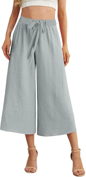 Womens Summer 3/4 Pants Flowy High Waisted Loose Casual Lounge Pant Wide Leg Palazzo Capris Adjustable Pockets S-XXL