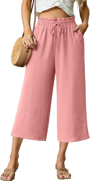 Womens Summer 3/4 Pants Flowy High Waisted Loose Casual Lounge Pant Wide Leg Palazzo Capris Adjustable with Pockets