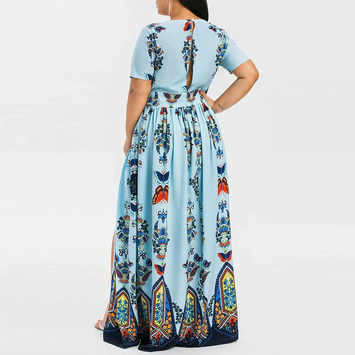 Women's Summer Bohemian Floral Print Split Beach Party Maxi Dress Wrap V Neck Short Sleeve Casual Long Dresses