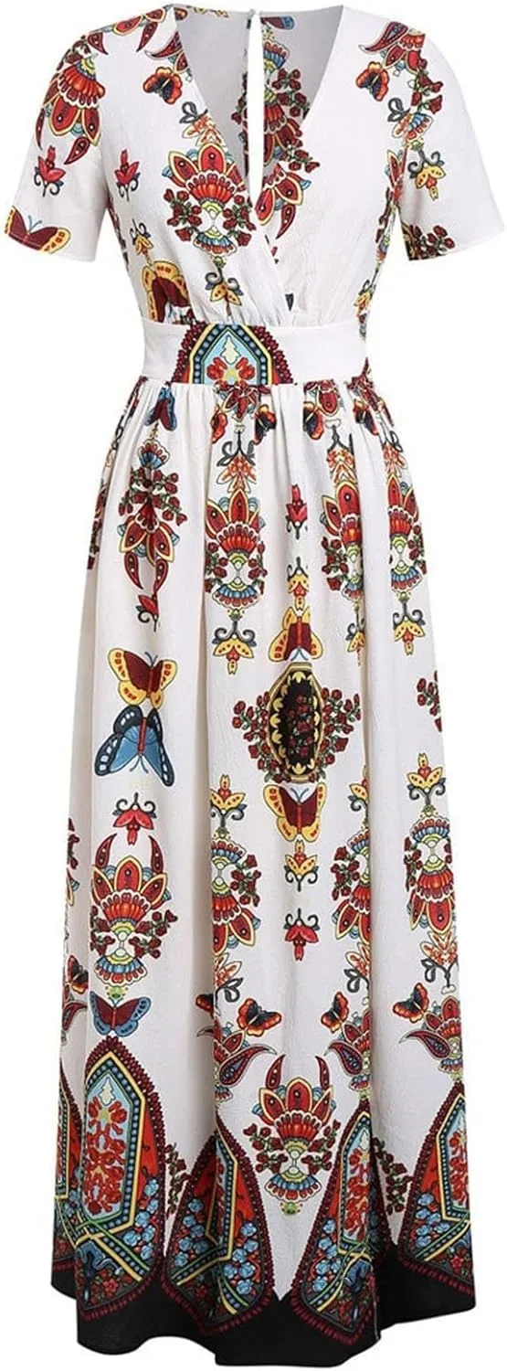 Women's Summer Bohemian Floral Print Split Beach Party Maxi Dress Wrap V Neck Short Sleeve Casual Long Dresses