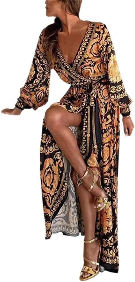 Women's Summer Bohemian Floral Print Split Beach Party Maxi Dress Wrap V Neck Short Sleeve Casual Long Dresses