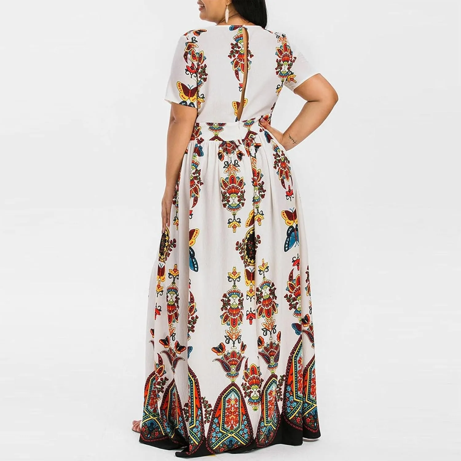 Women's Summer Bohemian Floral Print Split Beach Party Maxi Dress Wrap V Neck Short Sleeve Casual Long Dresses