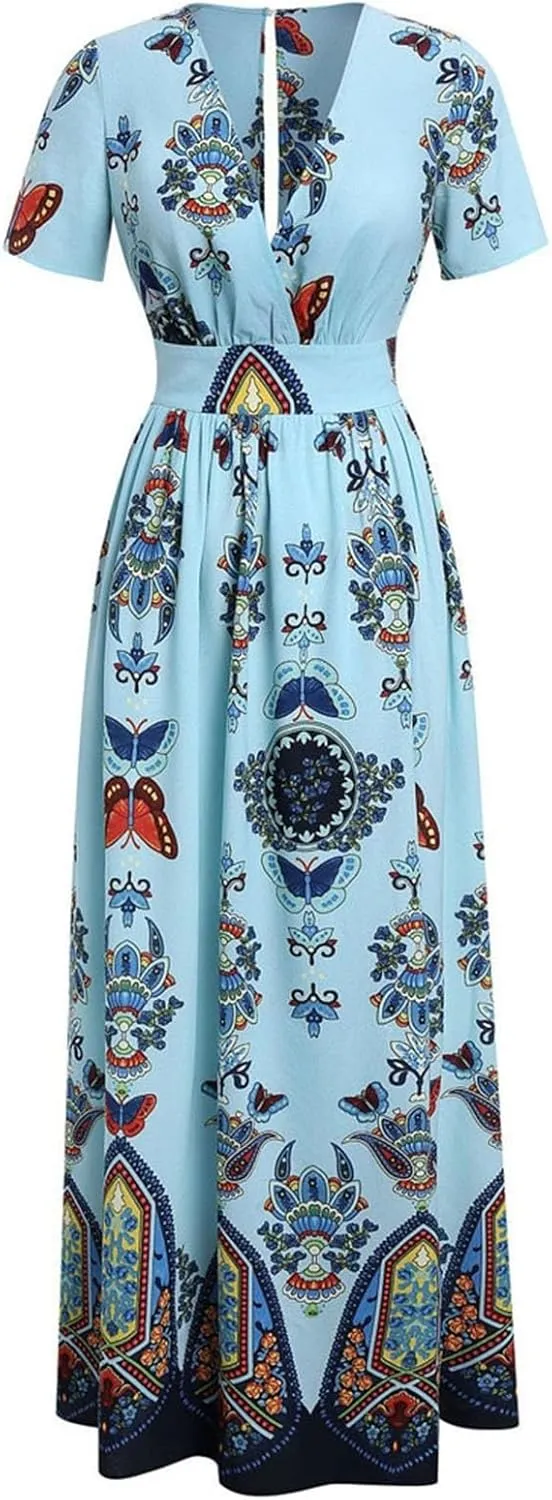 Women's Summer Bohemian Floral Print Split Beach Party Maxi Dress Wrap V Neck Short Sleeve Casual Long Dresses