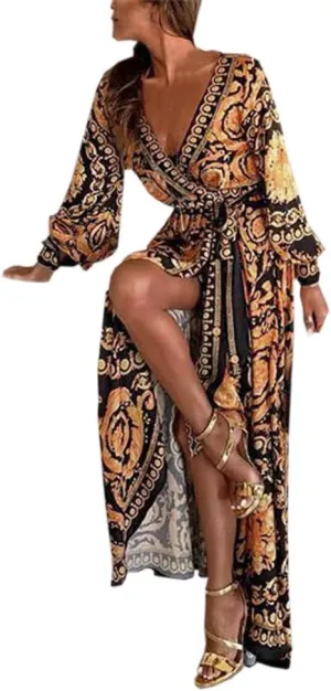 Women's Summer Bohemian Floral Print Split Beach Party Maxi Dress Wrap V Neck Short Sleeve Casual Long Dresses
