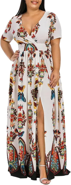 Women's Summer Bohemian Floral Print Split Beach Party Maxi Dress Wrap V Neck Short Sleeve Casual Long Dresses