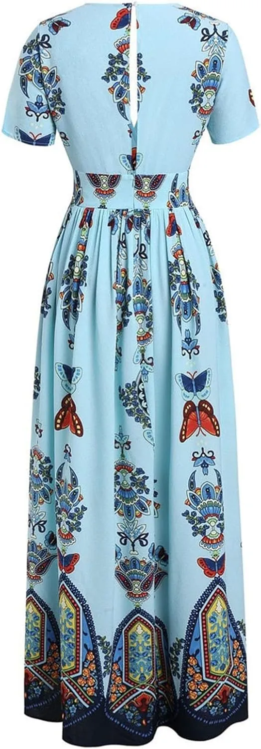 Women's Summer Bohemian Floral Print Split Beach Party Maxi Dress Wrap V Neck Short Sleeve Casual Long Dresses