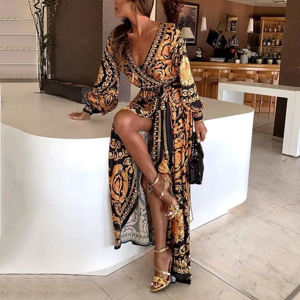Women's Summer Bohemian Floral Print Split Beach Party Maxi Dress Wrap V Neck Short Sleeve Casual Long Dresses