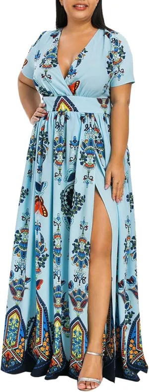 Women's Summer Bohemian Floral Print Split Beach Party Maxi Dress Wrap V Neck Short Sleeve Casual Long Dresses