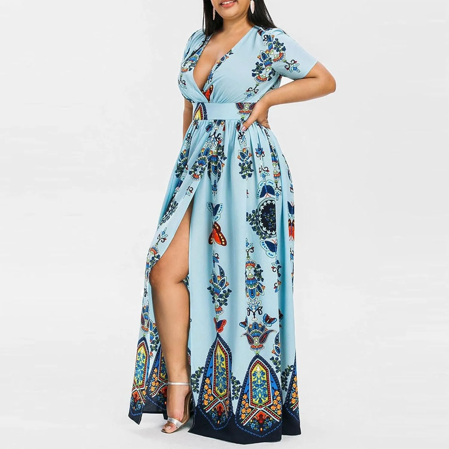 Women's Summer Bohemian Floral Print Split Beach Party Maxi Dress Wrap V Neck Short Sleeve Casual Long Dresses