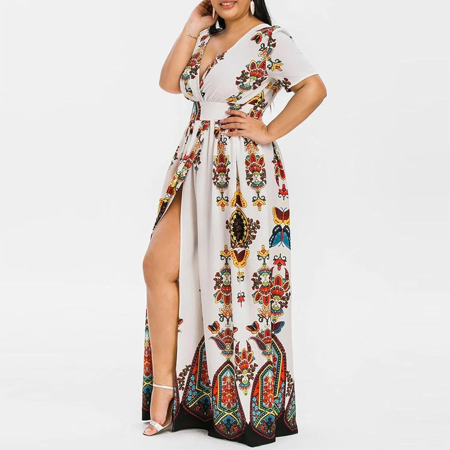 Women's Summer Bohemian Floral Print Split Beach Party Maxi Dress Wrap V Neck Short Sleeve Casual Long Dresses