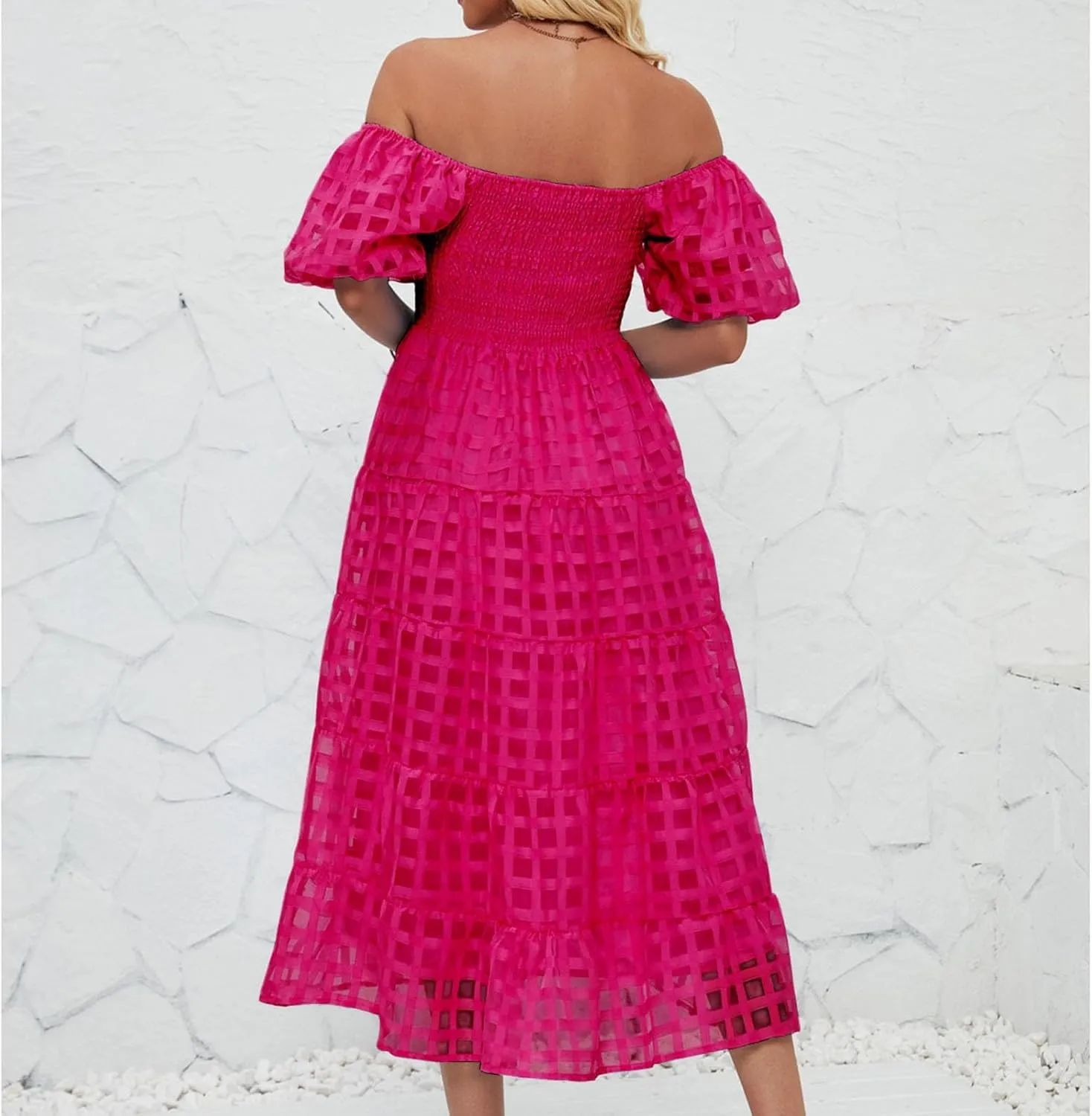 Women's Summer Boho Floral Print Long Dresses Square Neck Ruffle Short Sleeve Swing Beach Maxi Dress for Spring