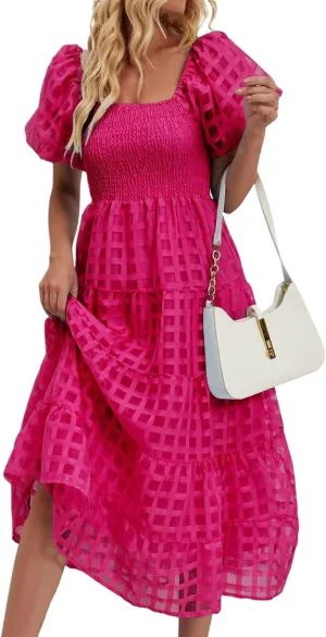 Women's Summer Boho Floral Print Long Dresses Square Neck Ruffle Short Sleeve Swing Beach Maxi Dress for Spring
