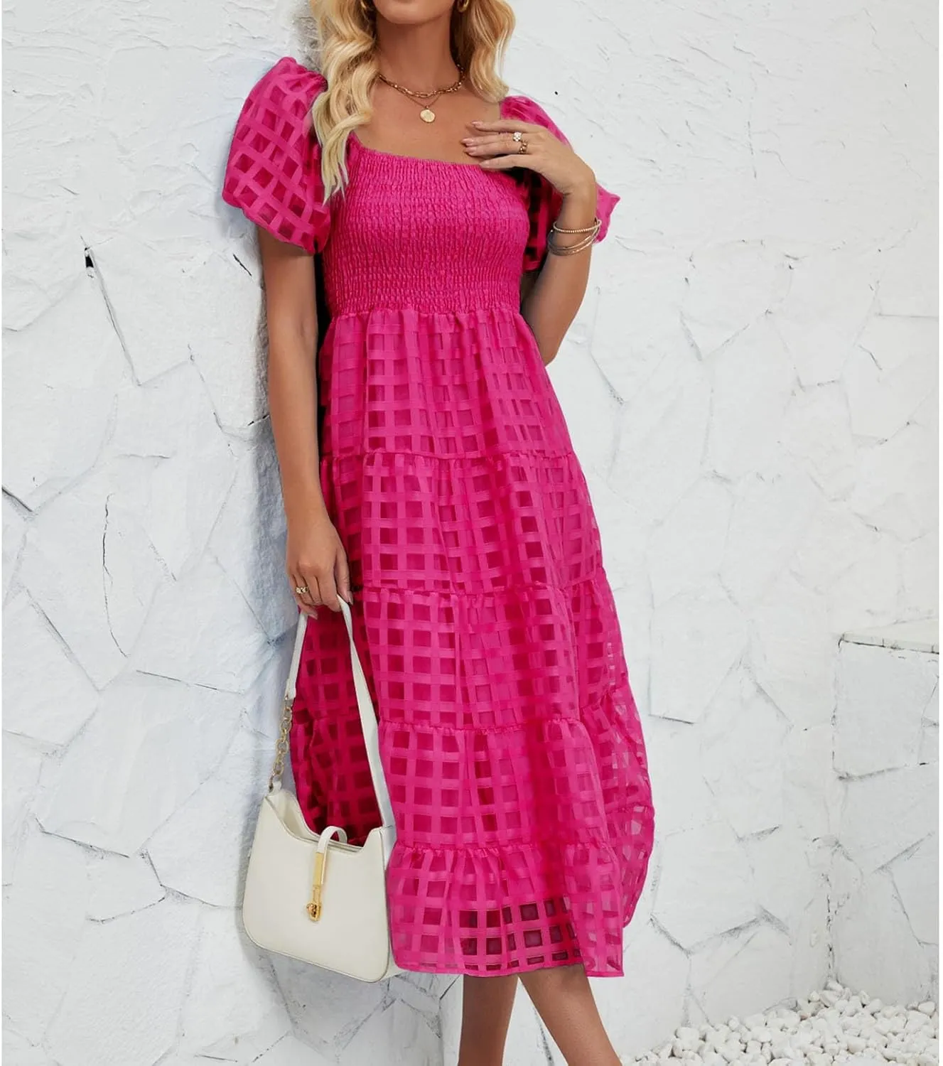 Women's Summer Boho Floral Print Long Dresses Square Neck Ruffle Short Sleeve Swing Beach Maxi Dress for Spring
