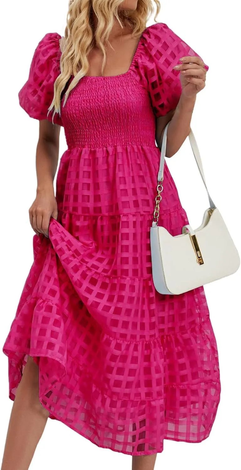 Women's Summer Boho Floral Print Long Dresses Square Neck Ruffle Short Sleeve Swing Beach Maxi Dress for Spring