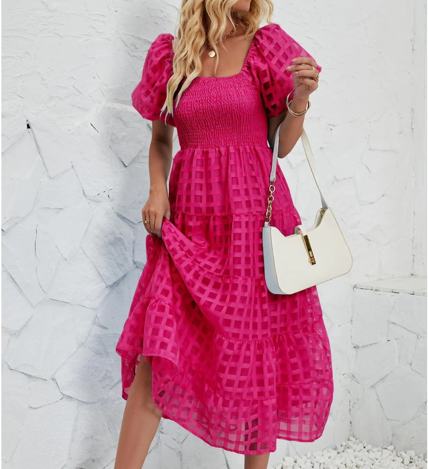 Women's Summer Boho Floral Print Long Dresses Square Neck Ruffle Short Sleeve Swing Beach Maxi Dress for Spring