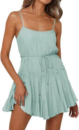 Women's Summer Boho Sleeveless Dress Spaghetti Straps Casual Flowy A Line Beach Party V Neck Ruffle Elegant Dresses
