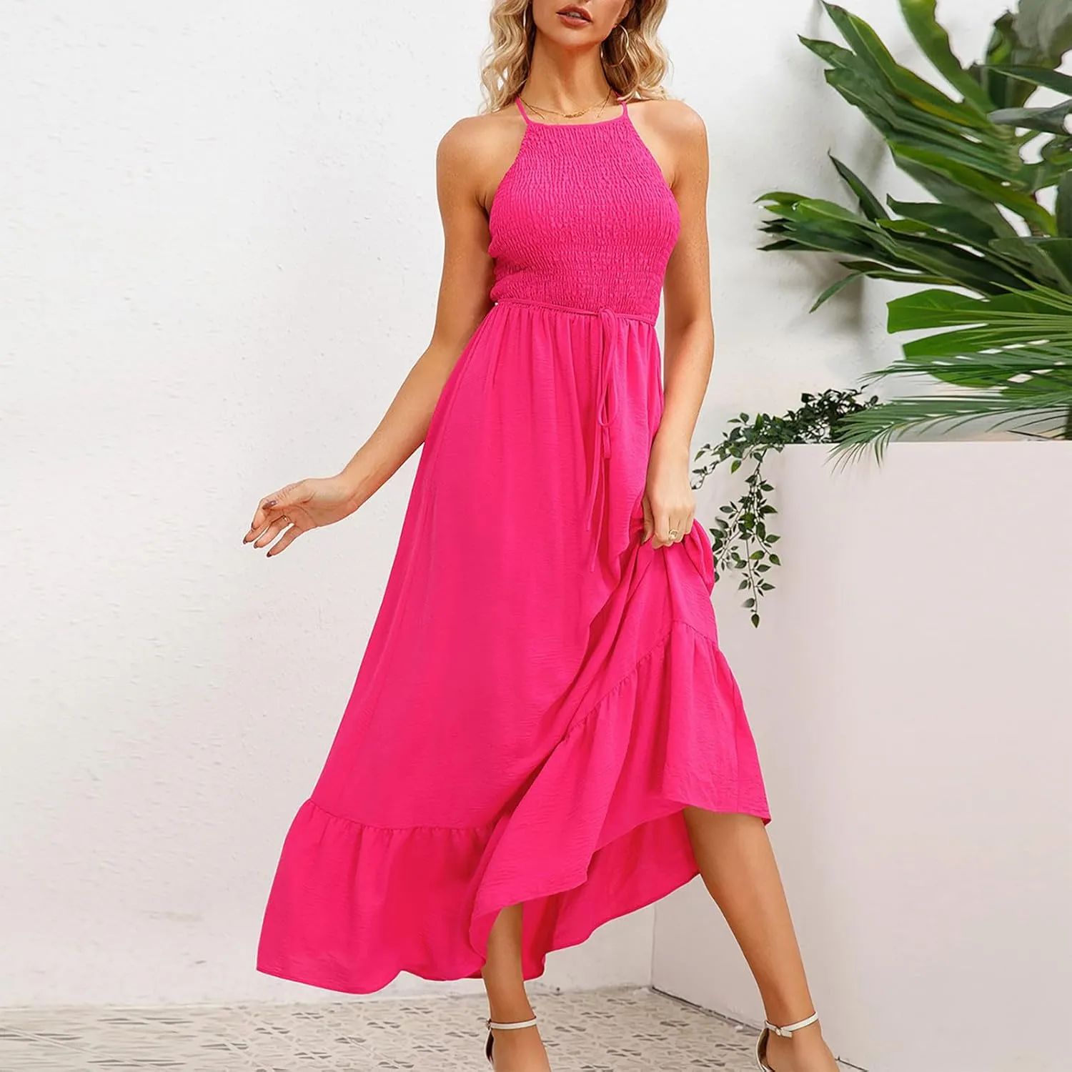 Women's Summer Boho Tiered Casual Flowy Long Maxi Dress Short Sleeve Square Neck Swing Beach Long Maxi Dresses