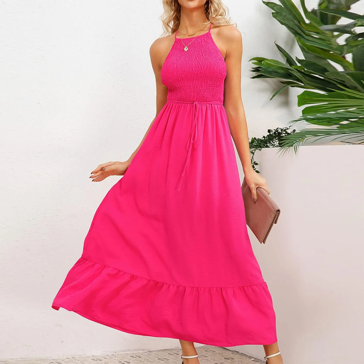 Women's Summer Boho Tiered Casual Flowy Long Maxi Dress Short Sleeve Square Neck Swing Beach Long Maxi Dresses