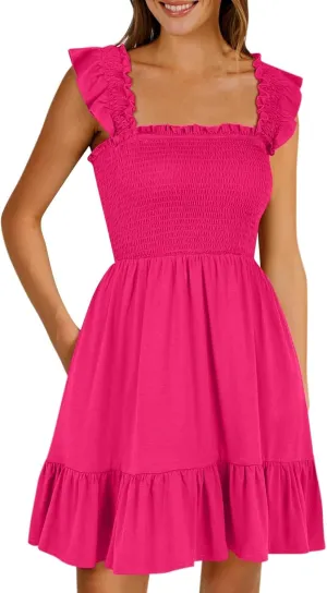 Womens Summer Casual Sleeveless Square Neck Smocked Ruffle Backless Boho Mini Dress Trendy Beach Vacation Short Sundress