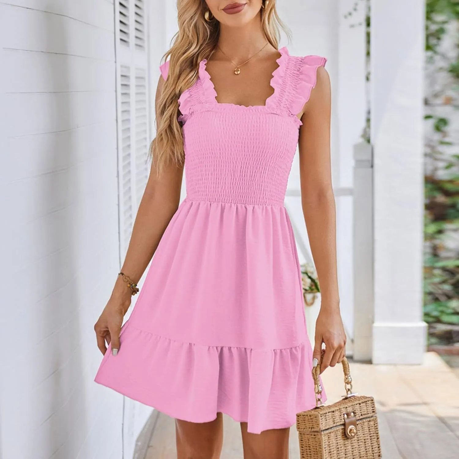 Womens Summer Casual Sleeveless Square Neck Smocked Ruffle Backless Boho Mini Dress Trendy Beach Vacation Short Sundress