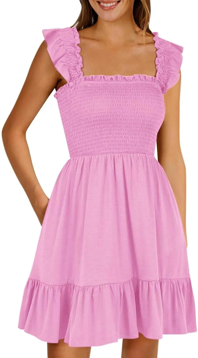 Womens Summer Casual Sleeveless Square Neck Smocked Ruffle Backless Boho Mini Dress Trendy Beach Vacation Short Sundress