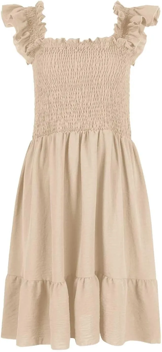 Womens Summer Casual Sleeveless Square Neck Smocked Ruffle Backless Boho Mini Dress Trendy Beach Vacation Short Sundress
