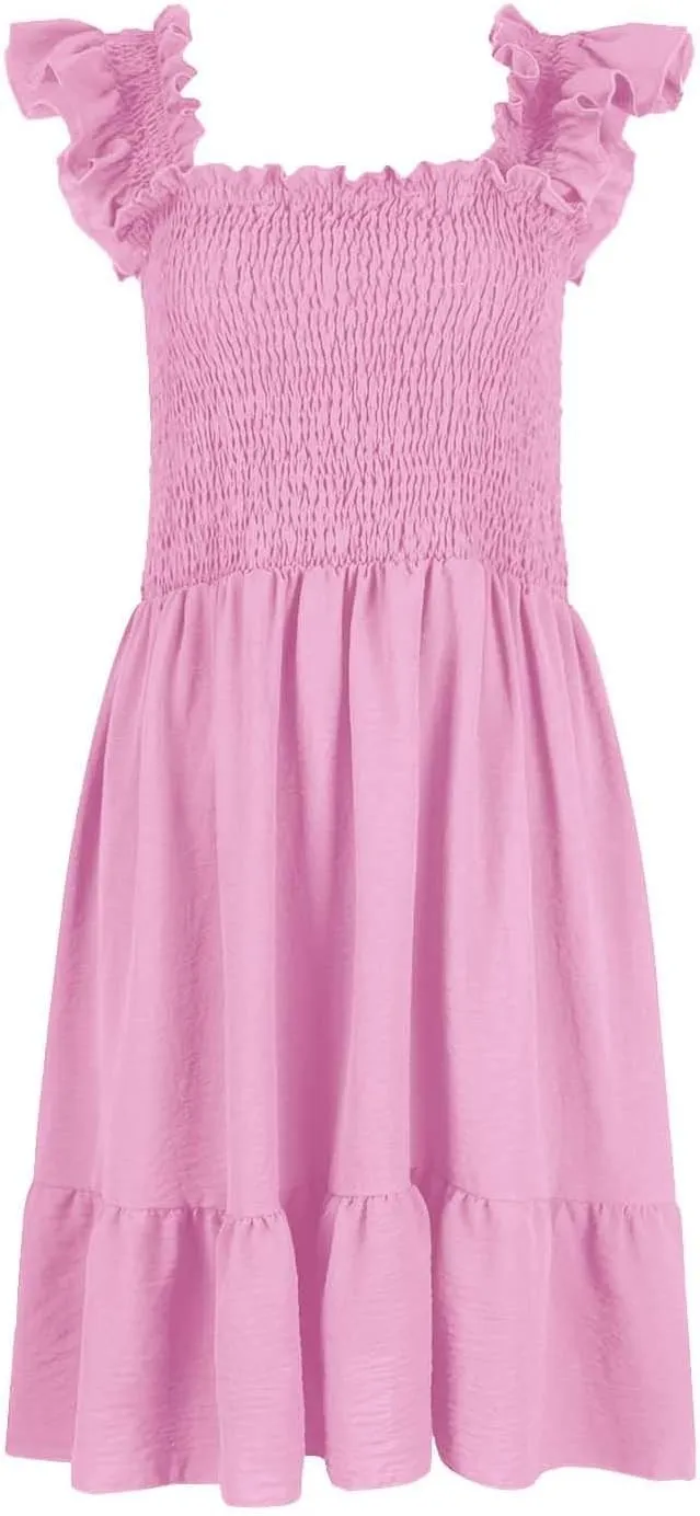 Womens Summer Casual Sleeveless Square Neck Smocked Ruffle Backless Boho Mini Dress Trendy Beach Vacation Short Sundress
