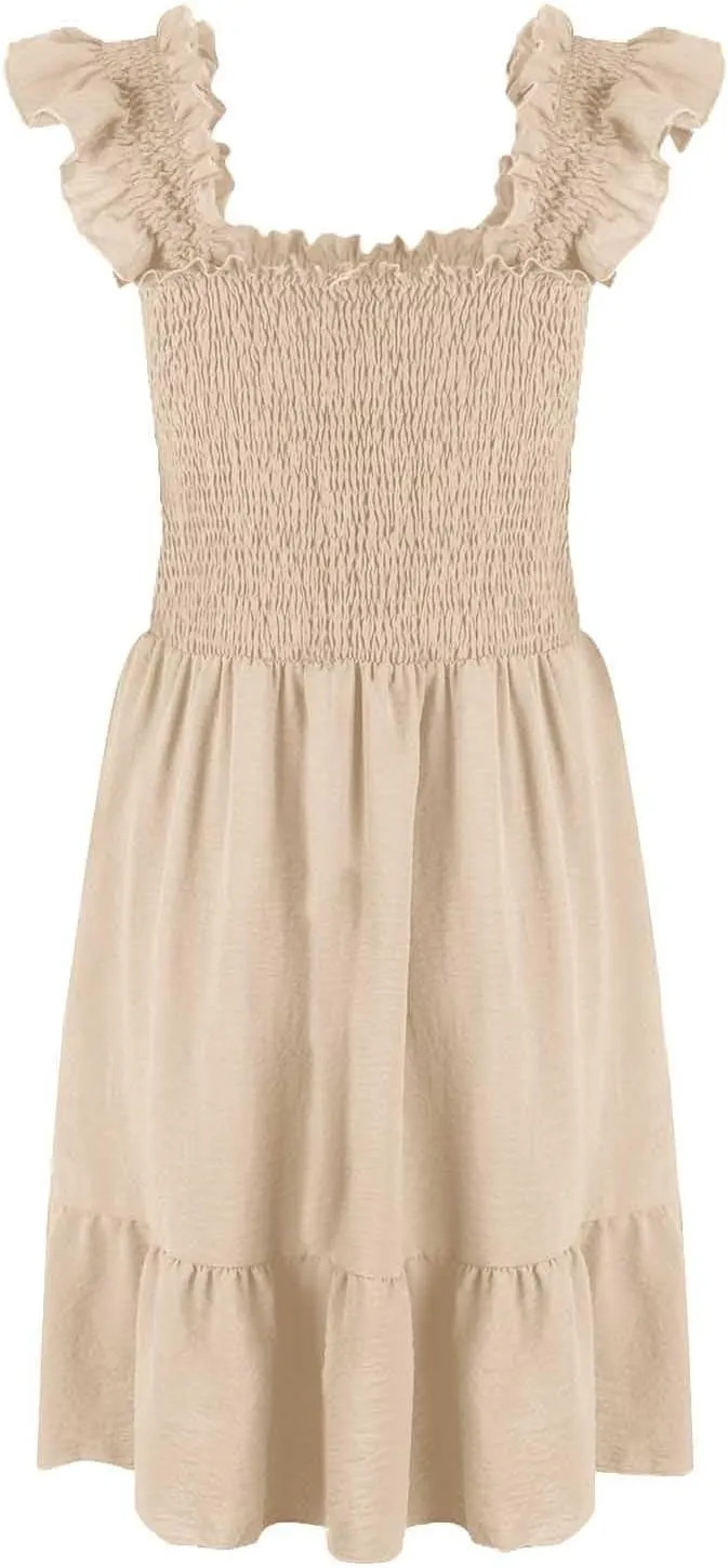 Womens Summer Casual Sleeveless Square Neck Smocked Ruffle Backless Boho Mini Dress Trendy Beach Vacation Short Sundress
