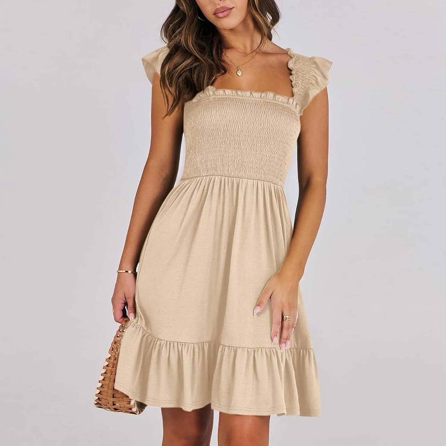 Womens Summer Casual Sleeveless Square Neck Smocked Ruffle Backless Boho Mini Dress Trendy Beach Vacation Short Sundress