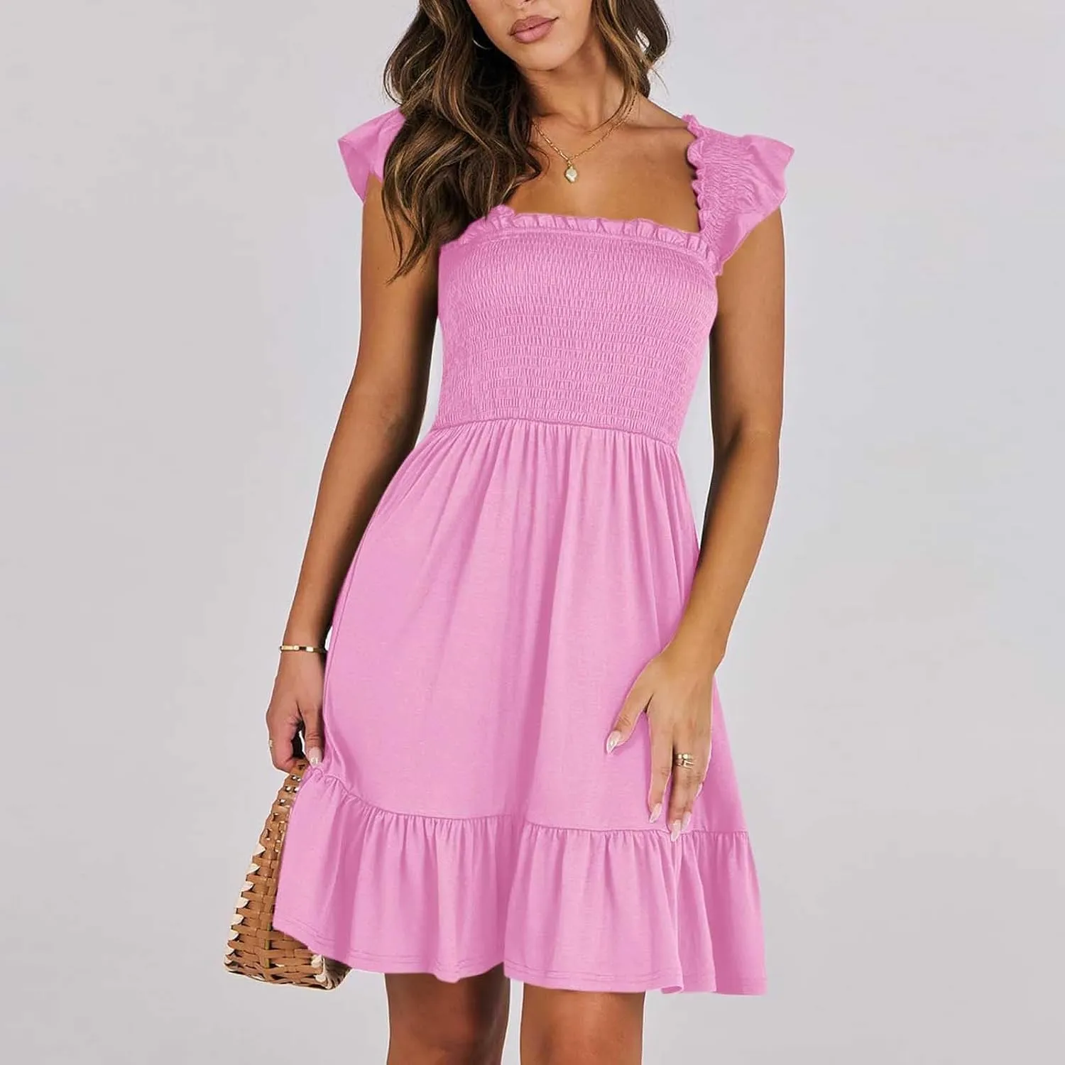 Womens Summer Casual Sleeveless Square Neck Smocked Ruffle Backless Boho Mini Dress Trendy Beach Vacation Short Sundress