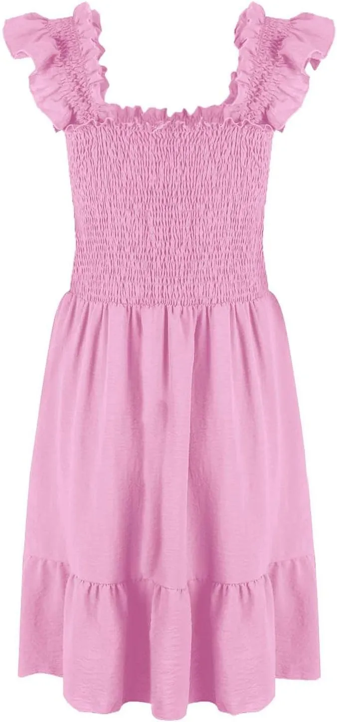 Womens Summer Casual Sleeveless Square Neck Smocked Ruffle Backless Boho Mini Dress Trendy Beach Vacation Short Sundress