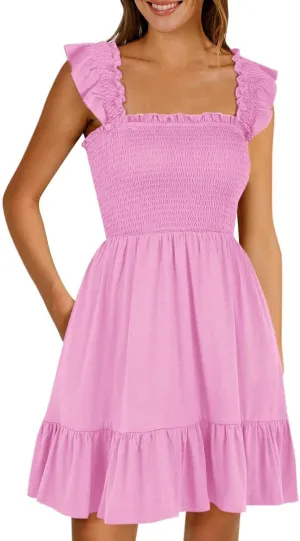 Womens Summer Casual Sleeveless Square Neck Smocked Ruffle Backless Boho Mini Dress Trendy Beach Vacation Short Sundress