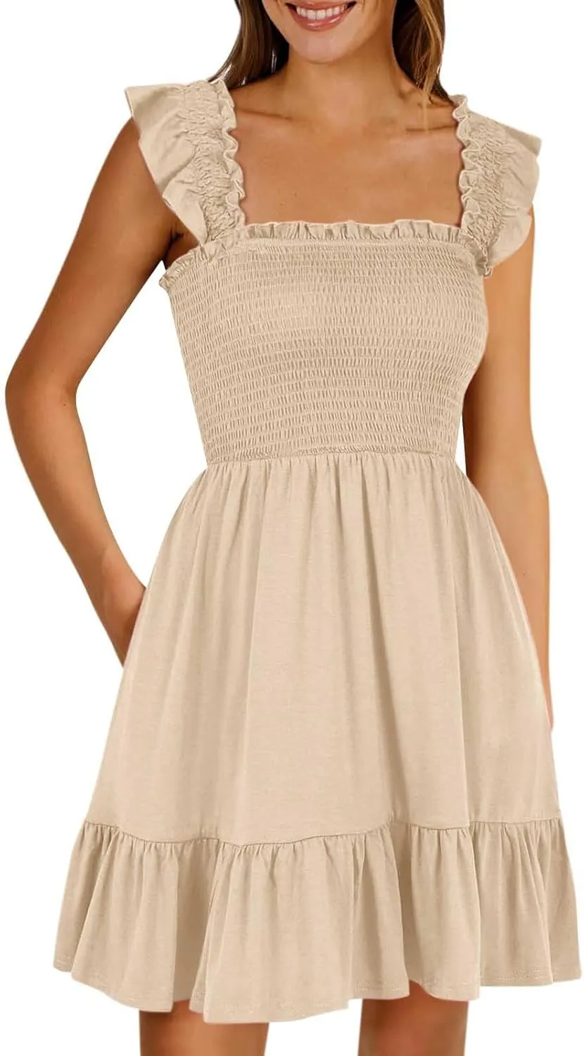 Womens Summer Casual Sleeveless Square Neck Smocked Ruffle Backless Boho Mini Dress Trendy Beach Vacation Short Sundress