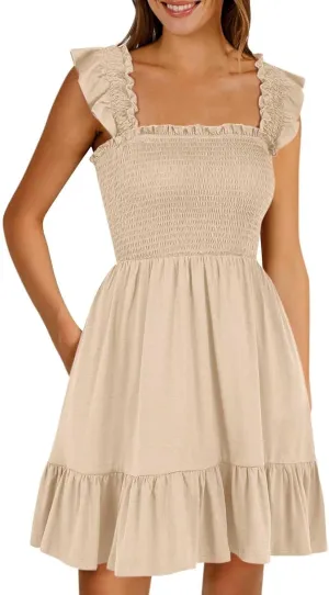 Womens Summer Casual Sleeveless Square Neck Smocked Ruffle Backless Boho Mini Dress Trendy Beach Vacation Short Sundress