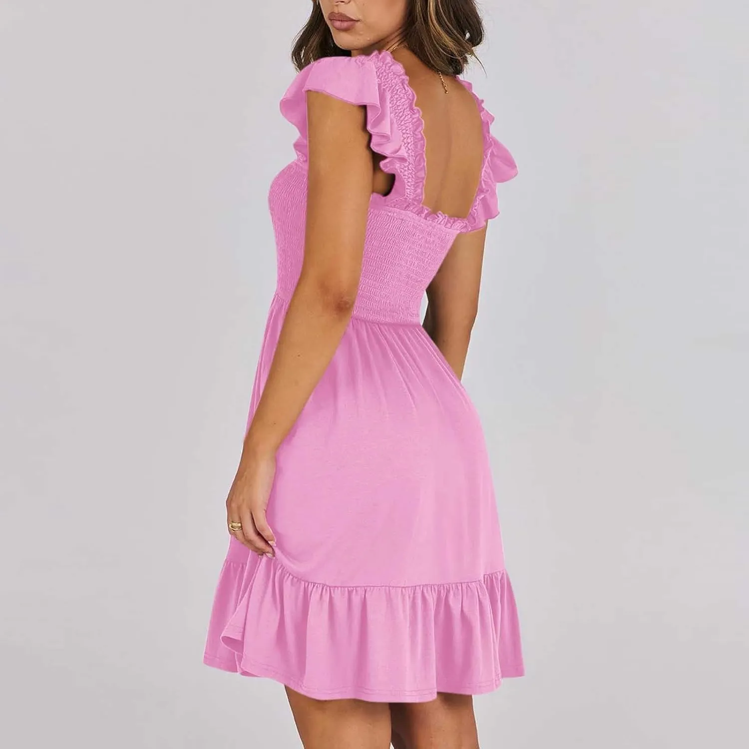 Womens Summer Casual Sleeveless Square Neck Smocked Ruffle Backless Boho Mini Dress Trendy Beach Vacation Short Sundress