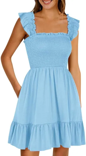 Womens Summer Casual Sleeveless Square Neck Smocked Ruffle Backless Boho Mini Dress Trendy Beach Vacation Short Sundress