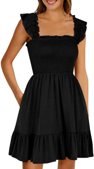 Womens Summer Casual Sleeveless Square Neck Smocked Ruffle Backless Boho Mini Dress Trendy Beach Vacation Short Sundress