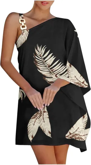 Women's Summer Club Party Cocktail Dresses Casual One Shoulder Batwing Sleeve Elegant Club Vacation Tunic Dress