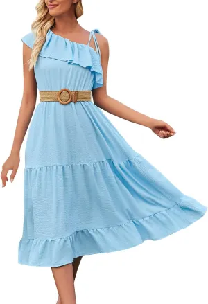 Women's Summer Dress One Shoulder Ruffle Sleeveless Empire Waist Wedding Guest Dresses Ruched A Line Flowy Sundresses