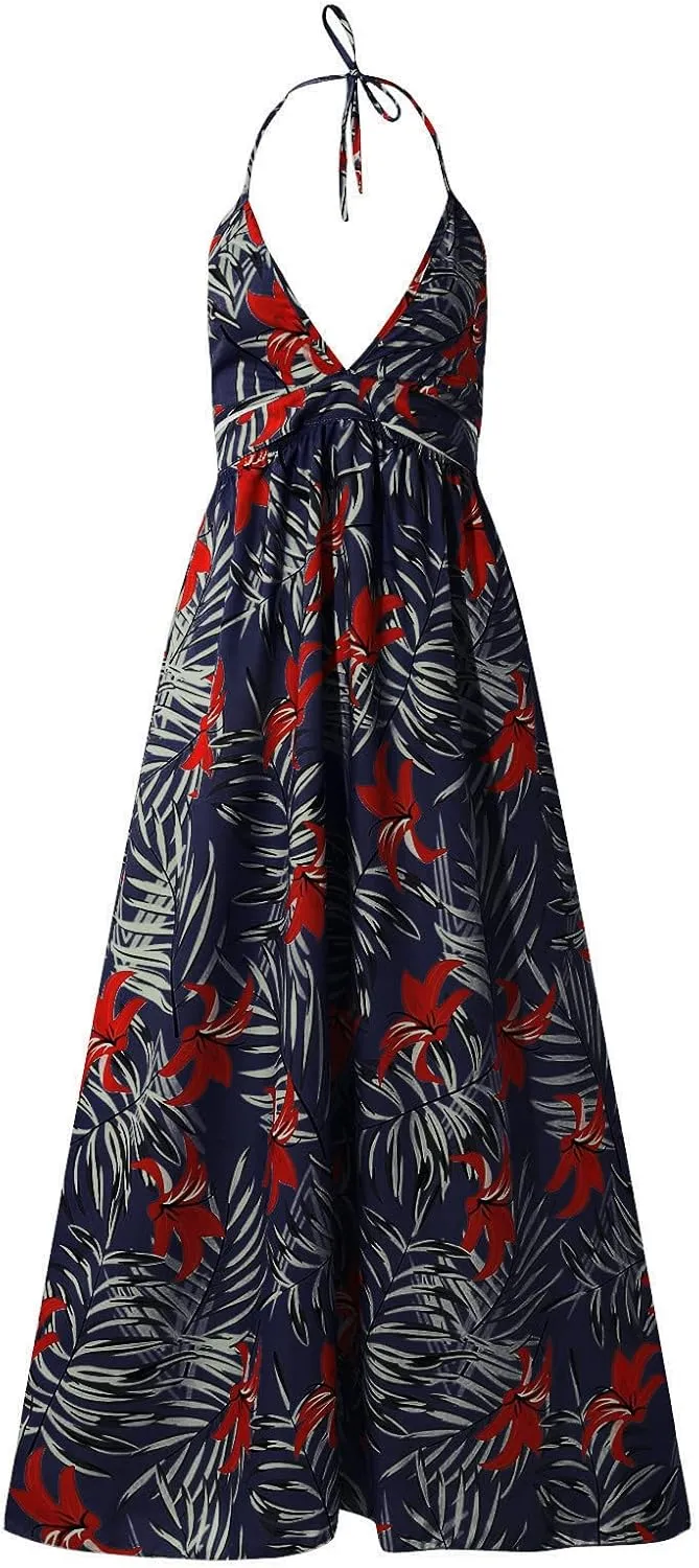 Women's Summer Dress Sleeveless Halter Neck Ruffle Tiered Layed Casual Vacation Maxi Dress Backless Beach Sundresses