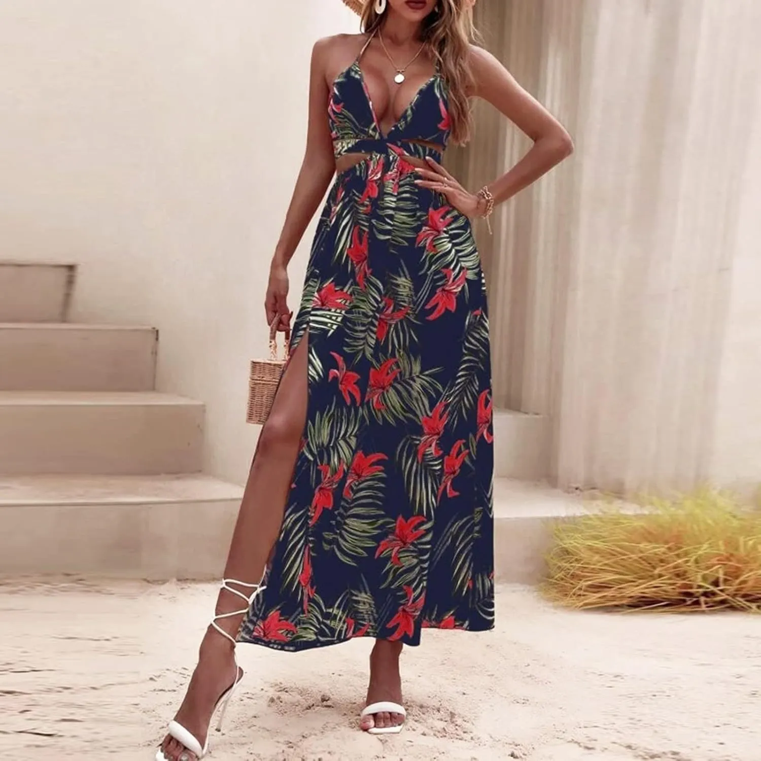 Women's Summer Dress Sleeveless Halter Neck Ruffle Tiered Layed Casual Vacation Maxi Dress Backless Beach Sundresses