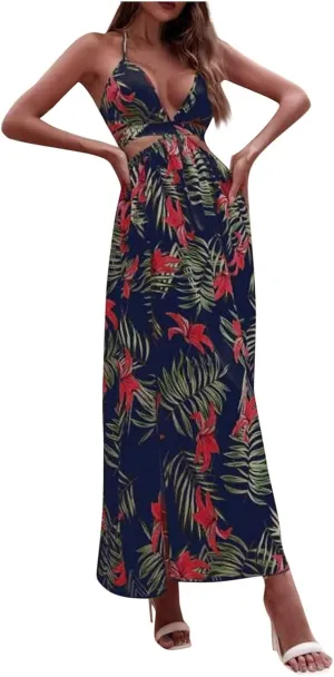 Women's Summer Dress Sleeveless Halter Neck Ruffle Tiered Layed Casual Vacation Maxi Dress Backless Beach Sundresses