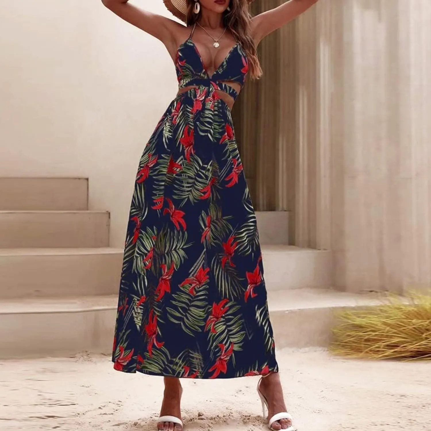 Women's Summer Dress Sleeveless Halter Neck Ruffle Tiered Layed Casual Vacation Maxi Dress Backless Beach Sundresses
