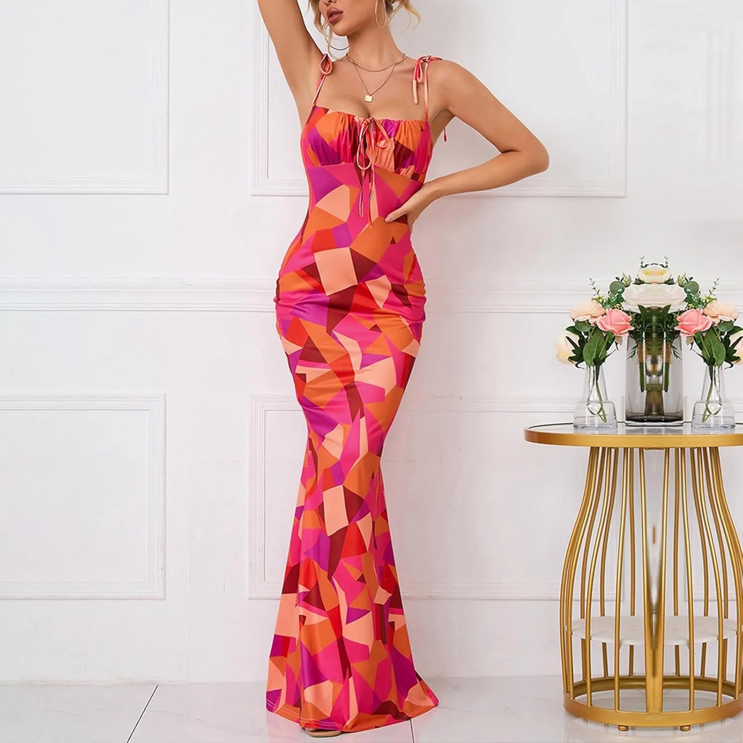Women's Summer Dress Sleeveless Halter Neck Ruffle Tiered Layed Casual Vacation Maxi Dress Backless Beach Sundresses